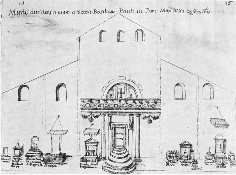 Dibujo de Grimaldi que muestra el muro de separación entre la antigua y la nueva basílica