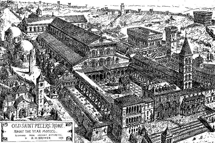 Reconstrucción de la antigua basílica de San Pedro y de su atrio hacia 1450