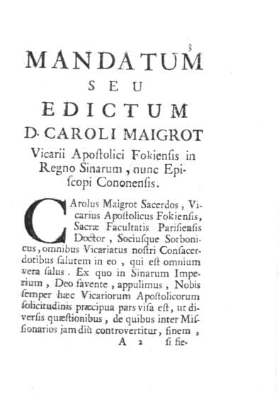 Fac-símile do Mandatum seu Edictum de Charles Maigrot que proíbe os ritos na China, 1693