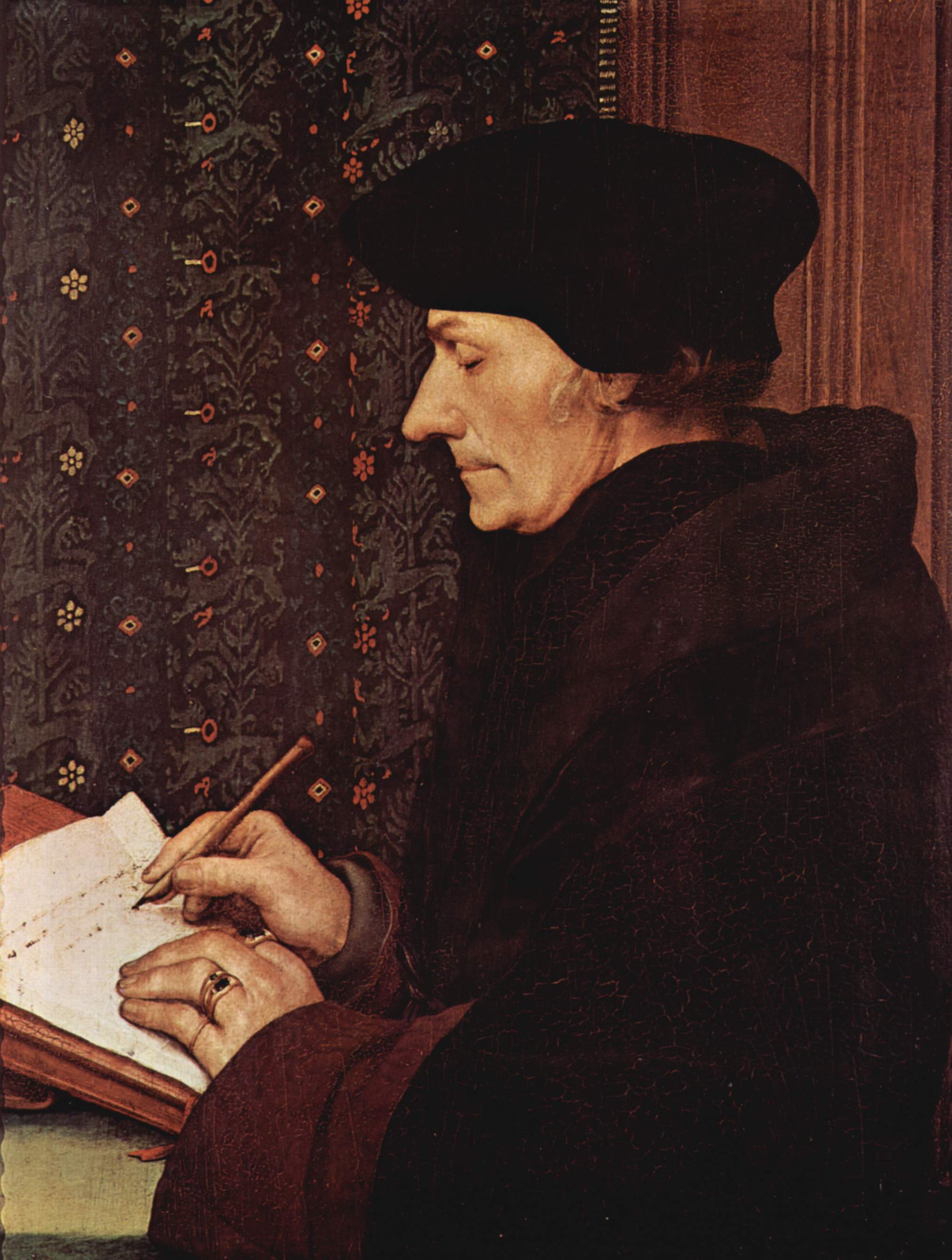 Ritratto di Erasmo da Rotterdam mentre scrive, dipinto da Hans Holbein il Giovane