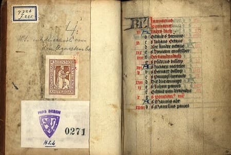 Libro d'ore medievale legato ai testi di Geert Groote, aperto su due pagine manoscritte