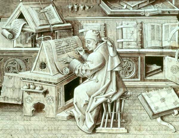 Jean Miélot, scriba e traduttore borgognone, al suo scrittoio, miniatura dopo il 1456