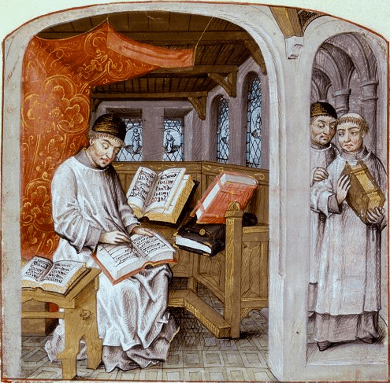 Tommaso da Kempis mentre scrive (a sinistra) e con un fratello (a destra), miniatura verso il 1490