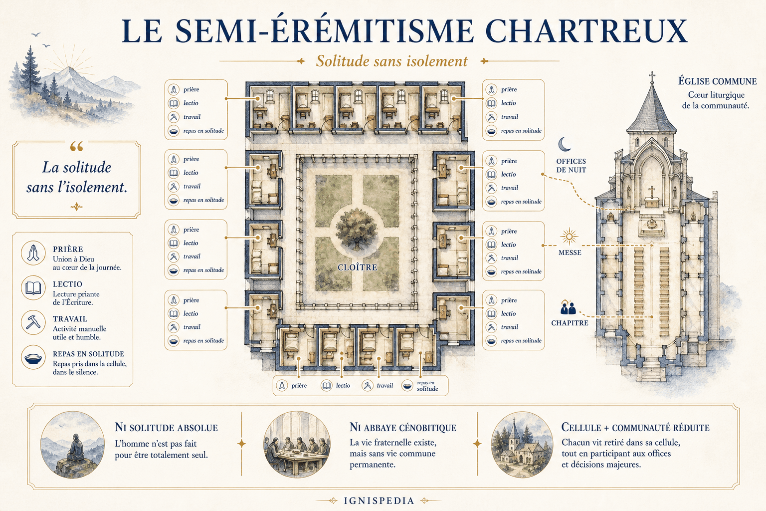 Schéma du semi-éremitisme chartreux avec cellules autour du cloître et église commune