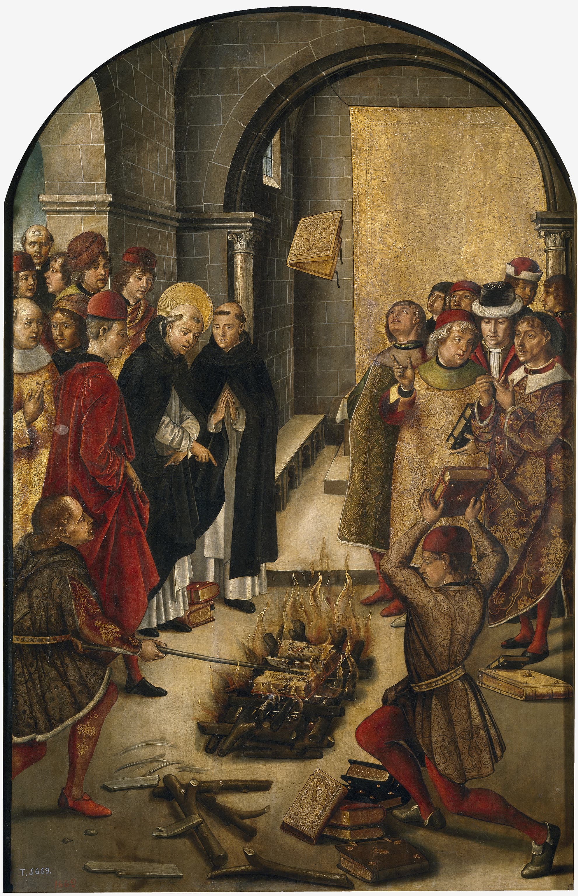 Saint Dominic and the Albigensians, panel by Pedro Berruguete depicting the miracle of the book