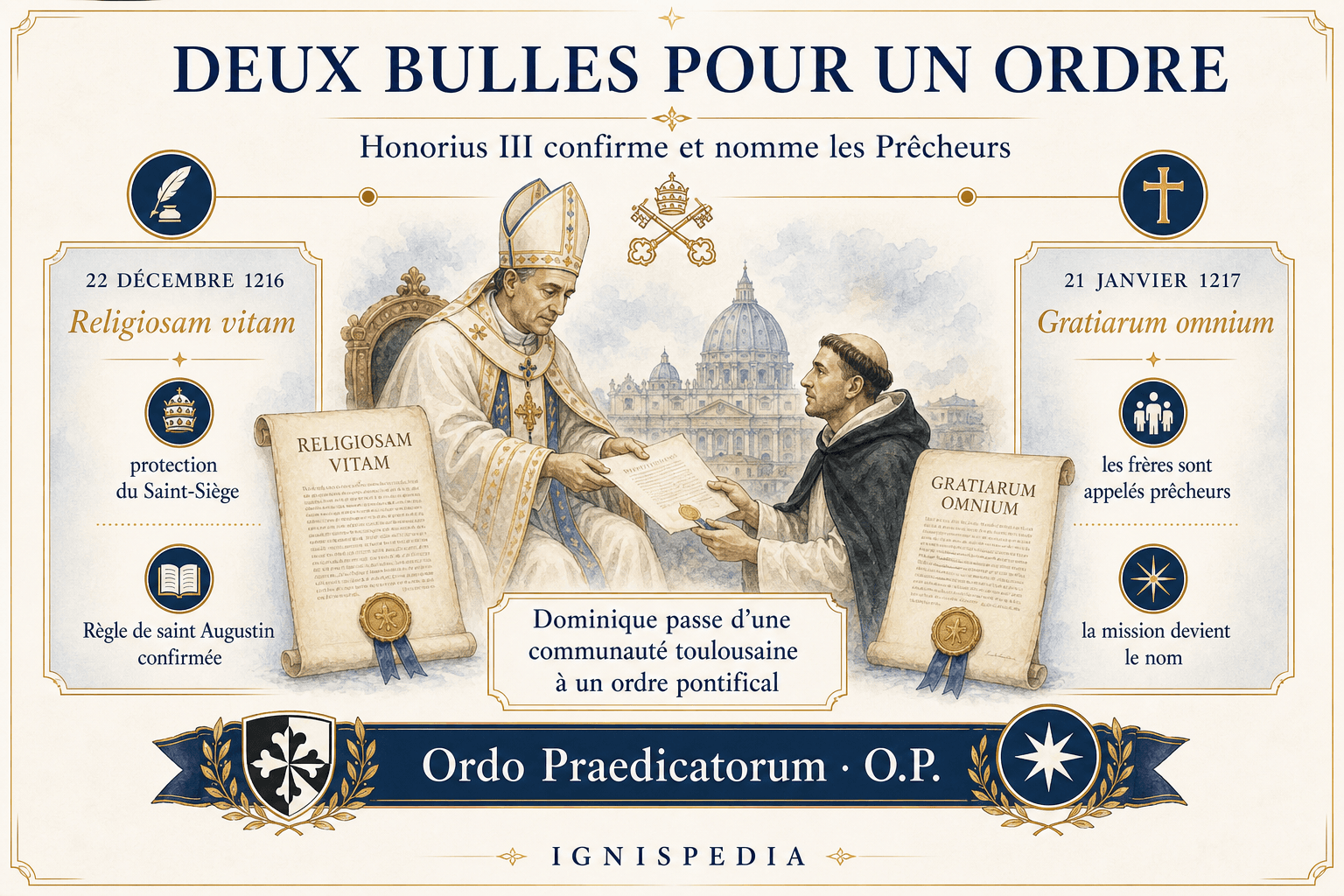 Infographic on the two bulls of Honorius III confirming and naming the Order of Preachers