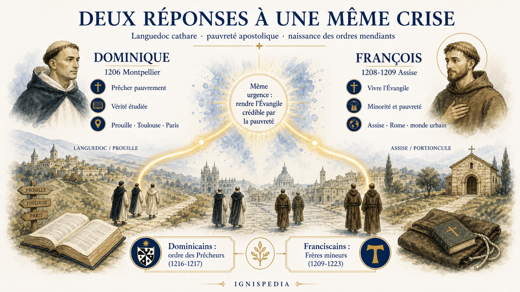 Infographic comparing Dominic and Francis as two Catholic responses to the evangelical crisis of the early 13th century