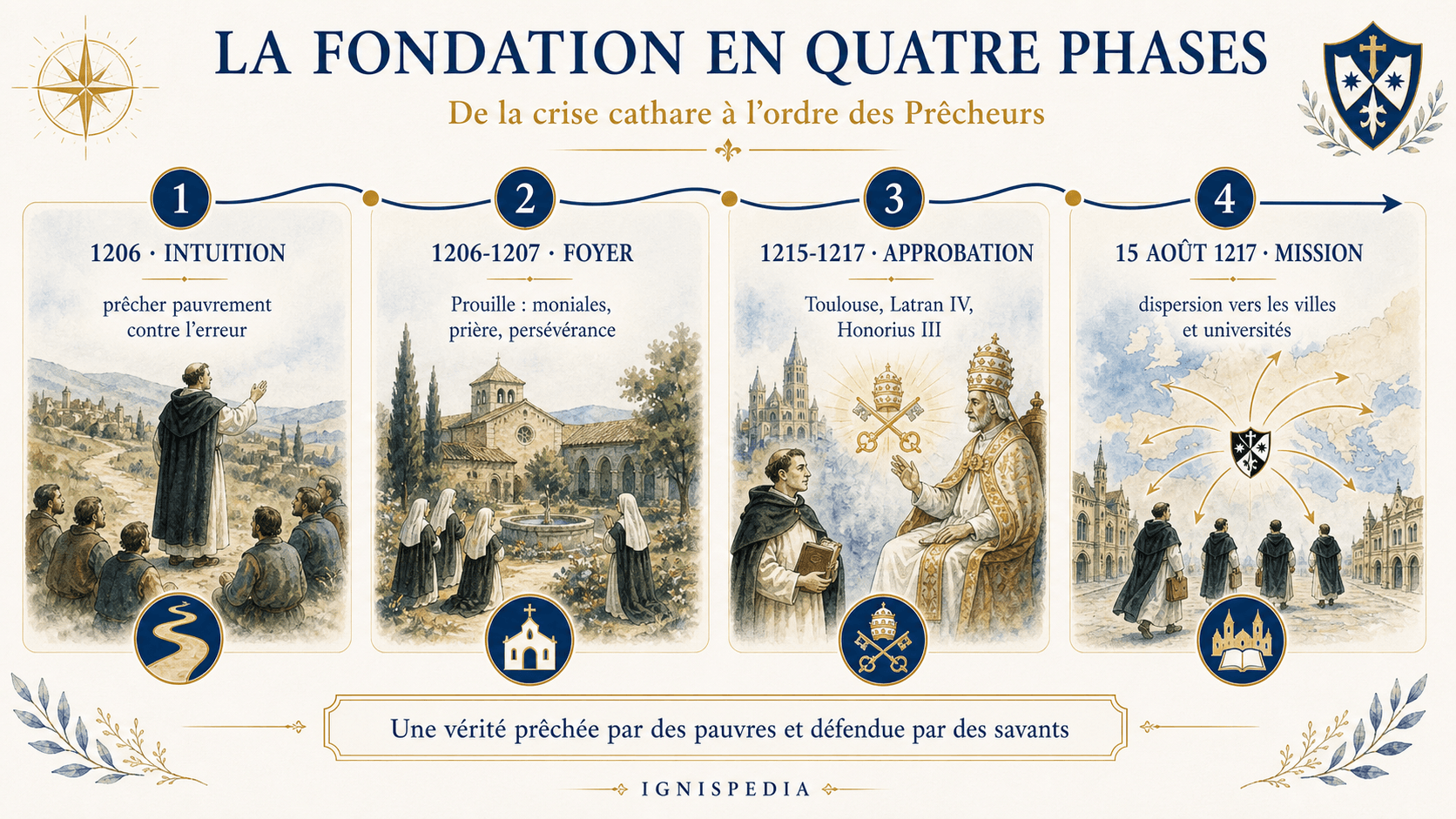 Infographic summarising the foundation of the Dominicans in four phases from 1206 to 1217