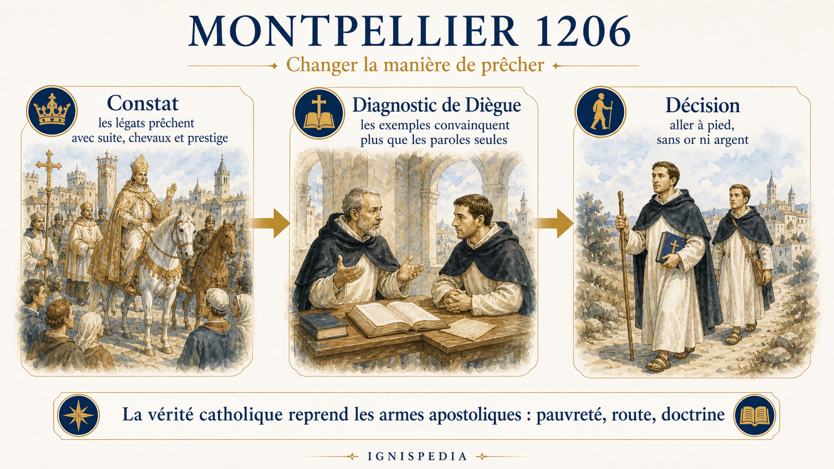 Infographic on the meeting of Montpellier in 1206 and the decision to preach on foot with neither gold nor silver