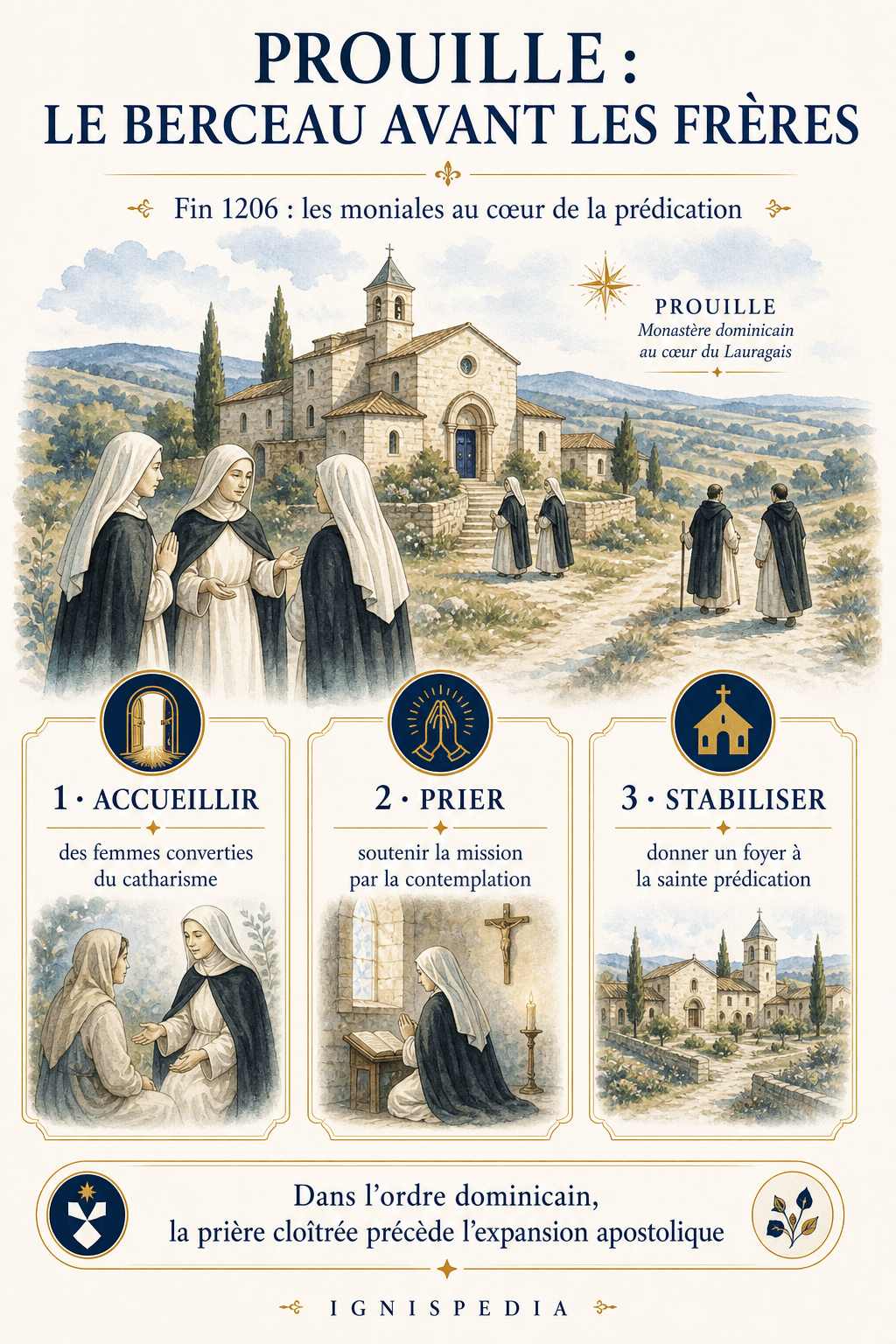 Infographic showing Prouille as the cradle of the Dominican order before the foundation of the friars