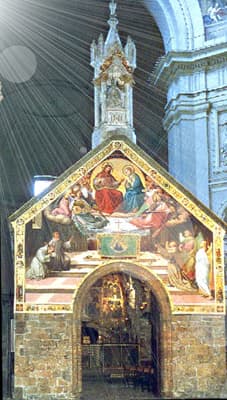 The Portiuncula chapel embedded within the Basilica of Saint Mary of the Angels in Assisi