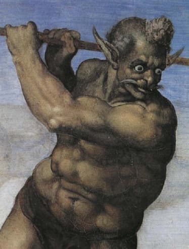 Pormenor de Caronte erguendo o remo no fresco de Miguel Ângelo