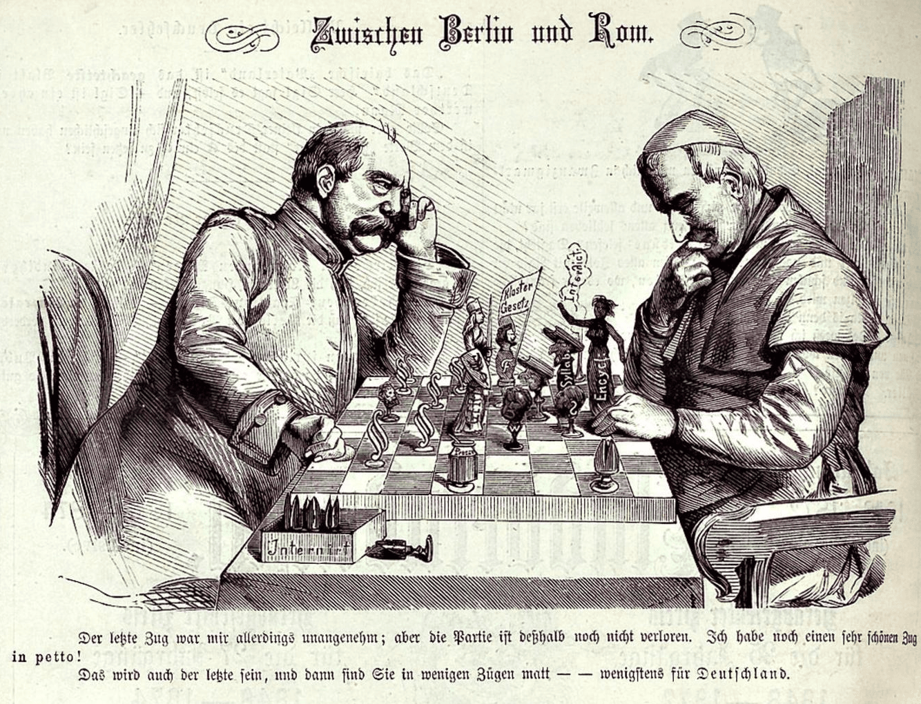 Bismarck i Pius IX grający w szachy, karykatura Kulturkampfu z 1875 roku