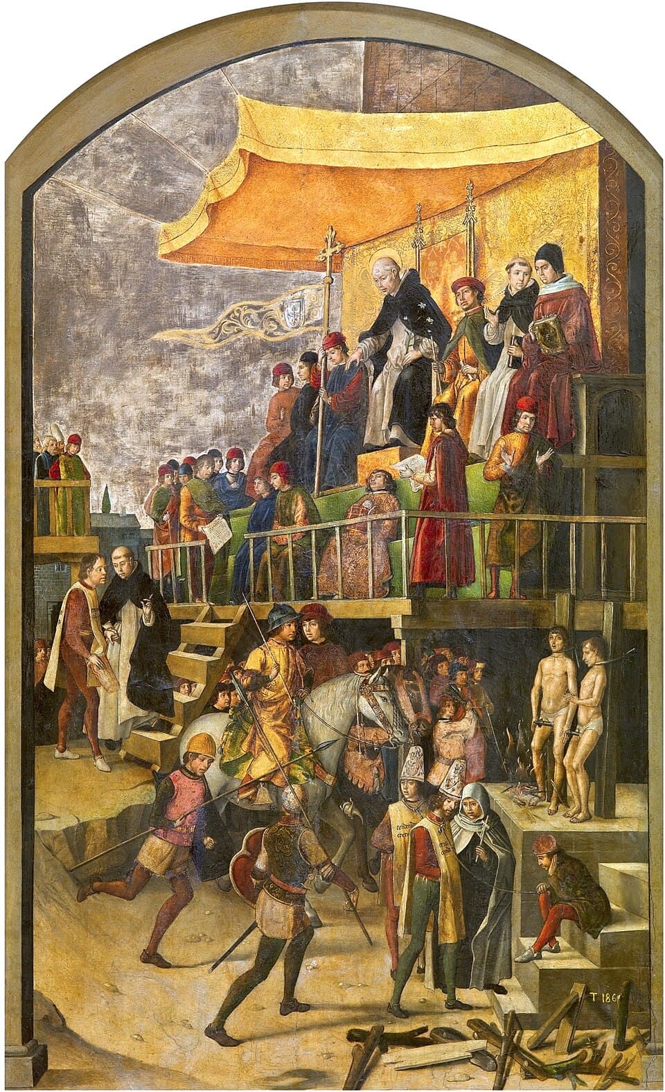 Auto de fe presidido por santo Domingo, Pedro Berruguete, hacia 1495, Museo del Prado (evocación medieval posterior, no escena de la Inquisición española)