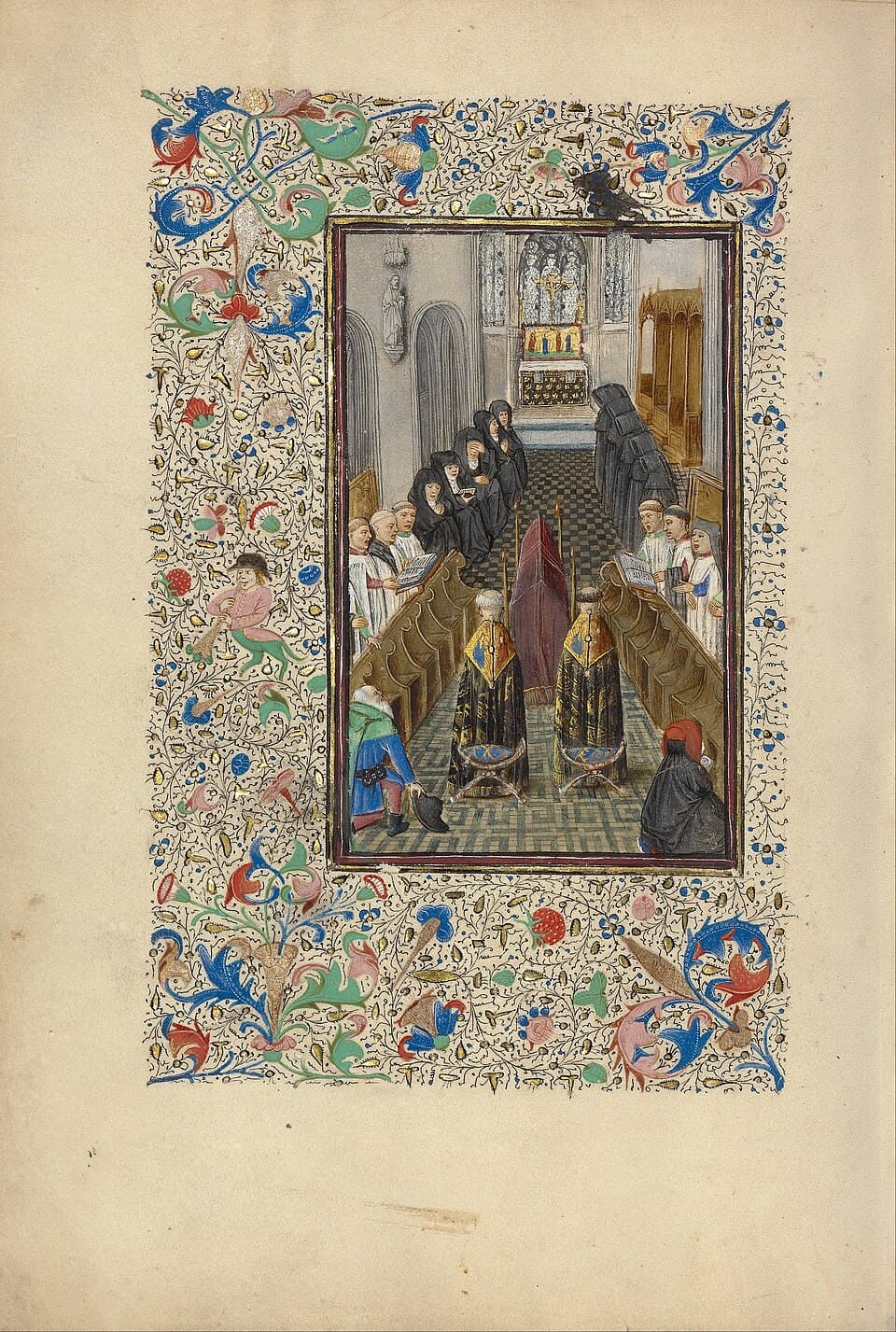 Miniature of the Office of the Dead: clerics singing around a coffin in a church