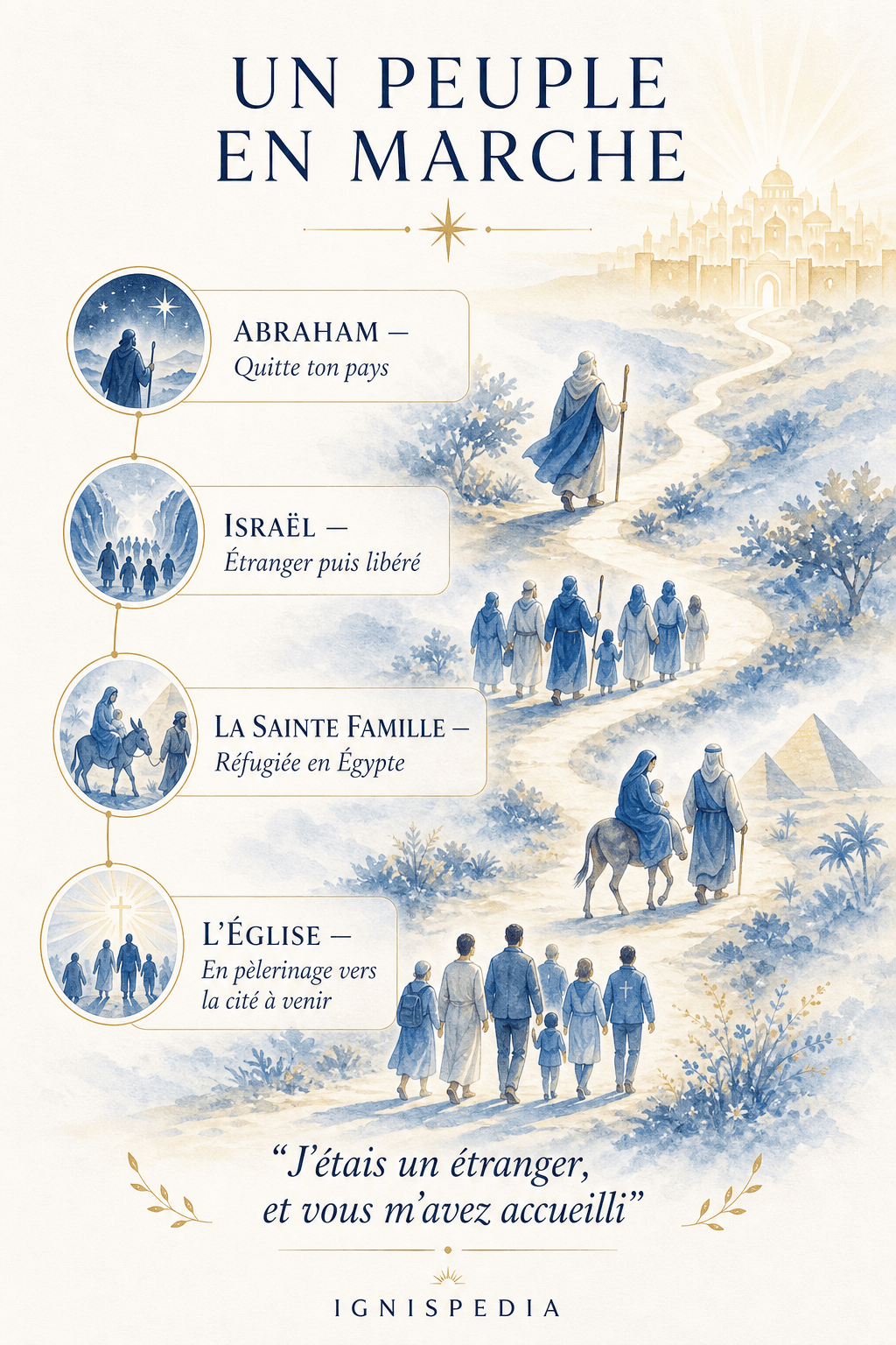Biblijska infografika koja prikazuje Abrahama, Izlazak, Svetu obitelj u bijegu i Božji narod na putu