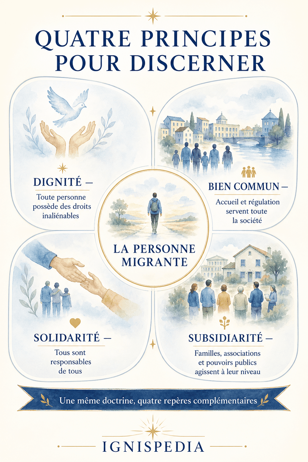 Infografika koja na migraciju primjenjuje dostojanstvo, opće dobro, supsidijarnost i solidarnost
