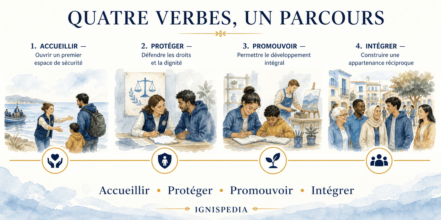 Infografika četiriju glagola prihvatiti, zaštititi, promicati i integrirati