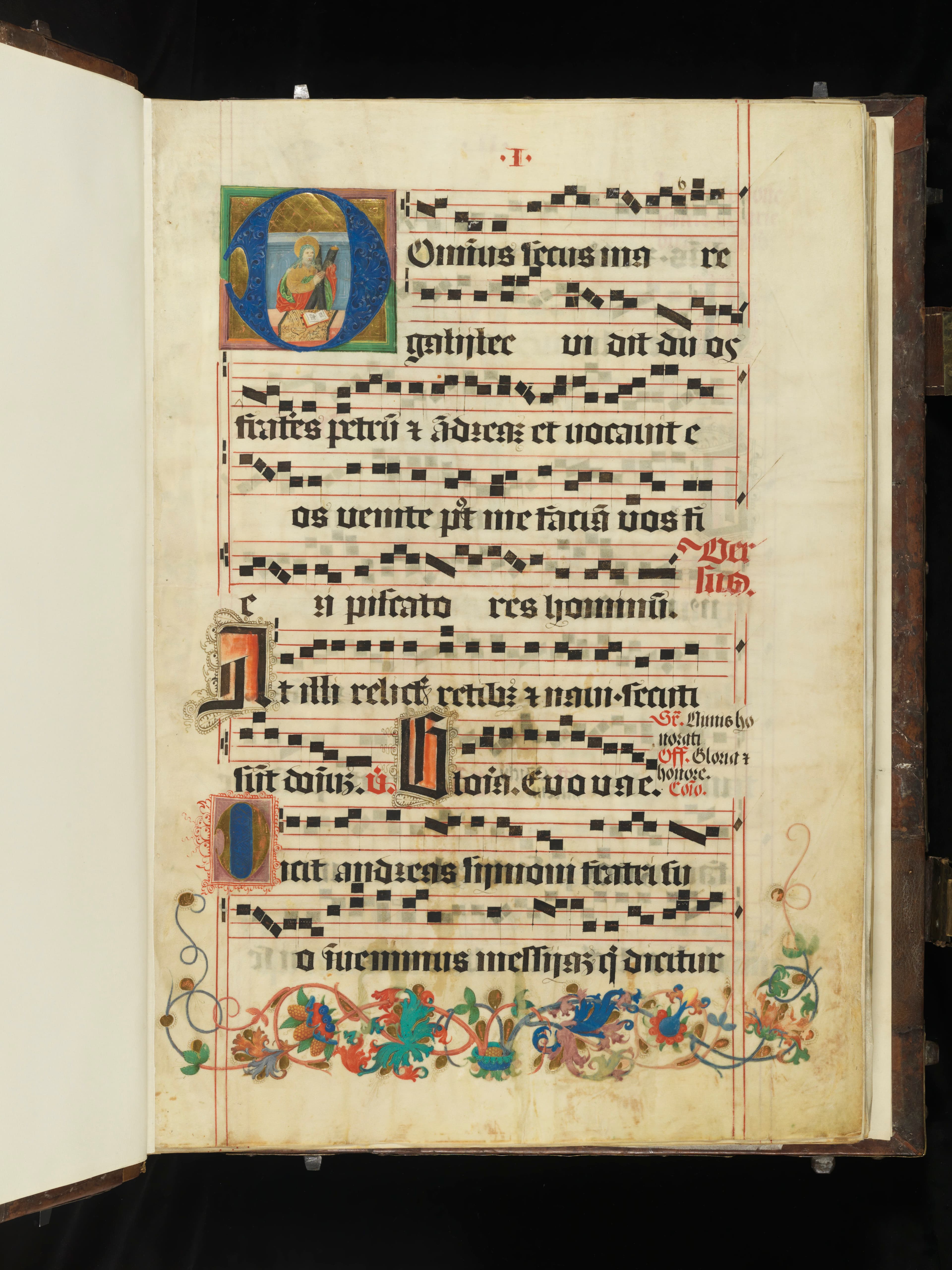 Illuminierte Seite aus dem Graduale de sanctis von 1528, in Quadratnotation