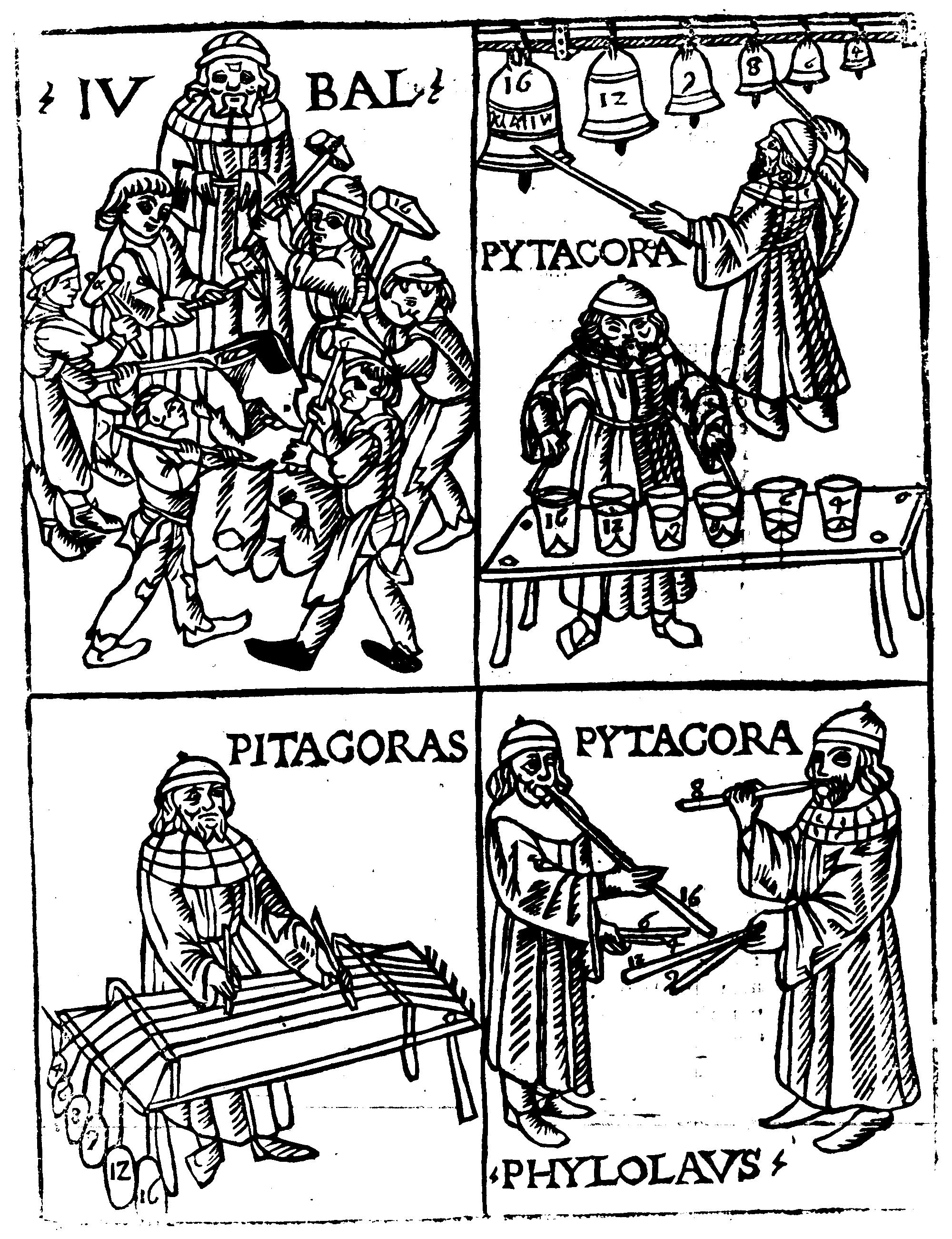 Pythagoras mit Glocken, Monochord und Pfeifen, Holzschnitt von 1492