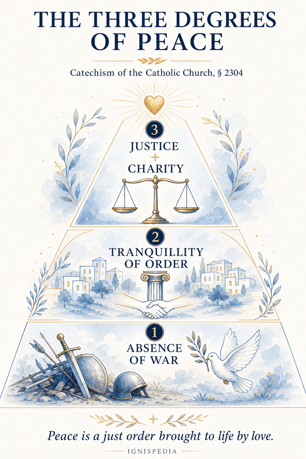 Pyramid of the three degrees of peace: absence of war, tranquility of order, justice and charity