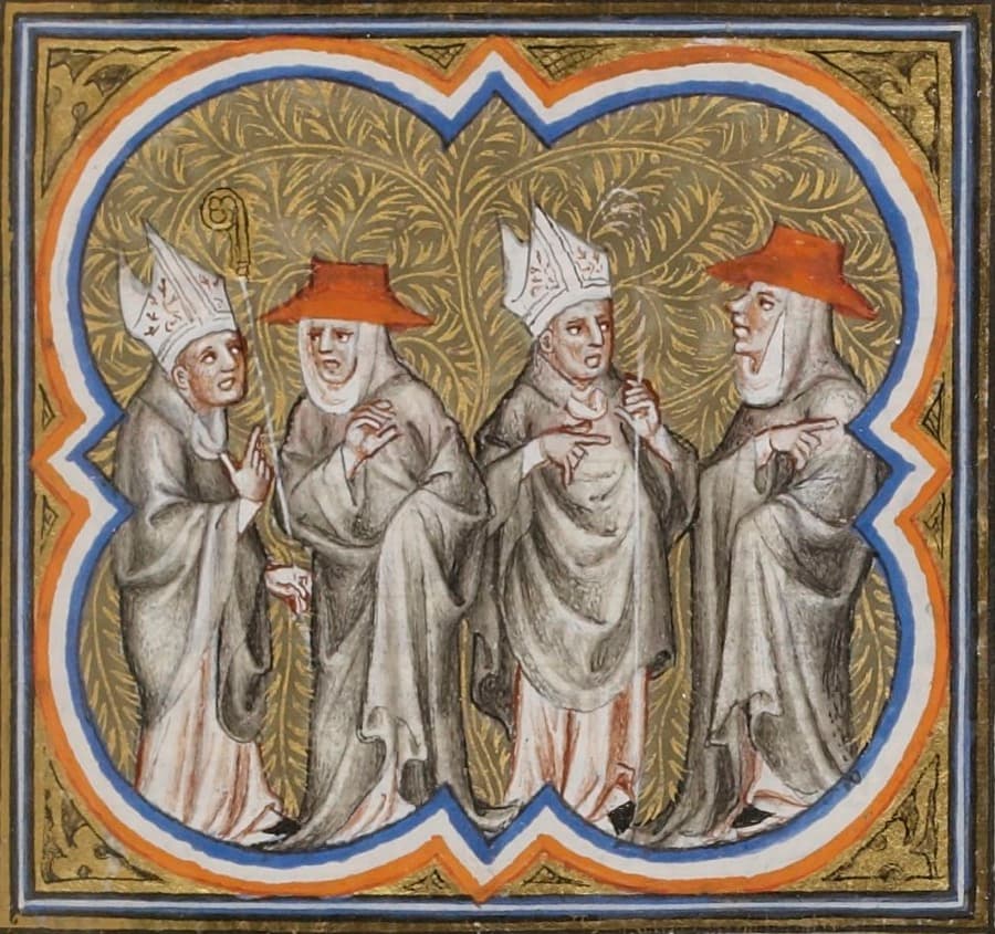 Clérigos em disputa, miniatura das Grandes Crónicas de França de Carlos V (BnF, fr. 2813, fol. 208)