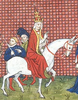 Gregório XI conduzido ao palácio de Avinhão pelo duque de Anjou, seguindo-se os cardeais