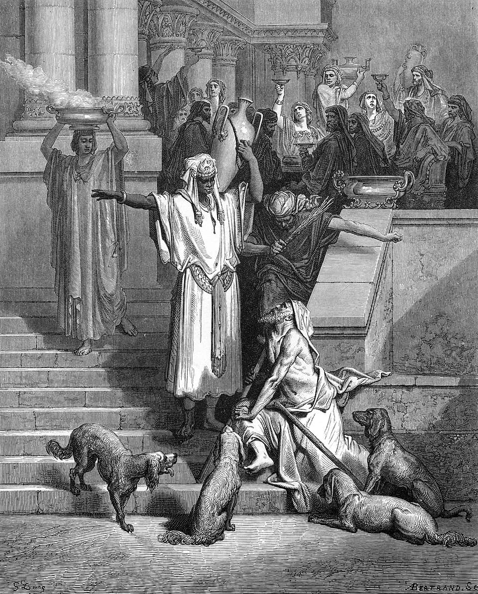 Lazzaro alla porta del ricco cattivo in un'incisione di Gustave Doré