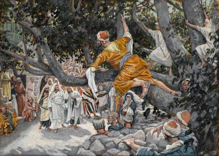 Zacheusz na sykomorze oczekuje Jezusa, akwarela Jamesa Tissota