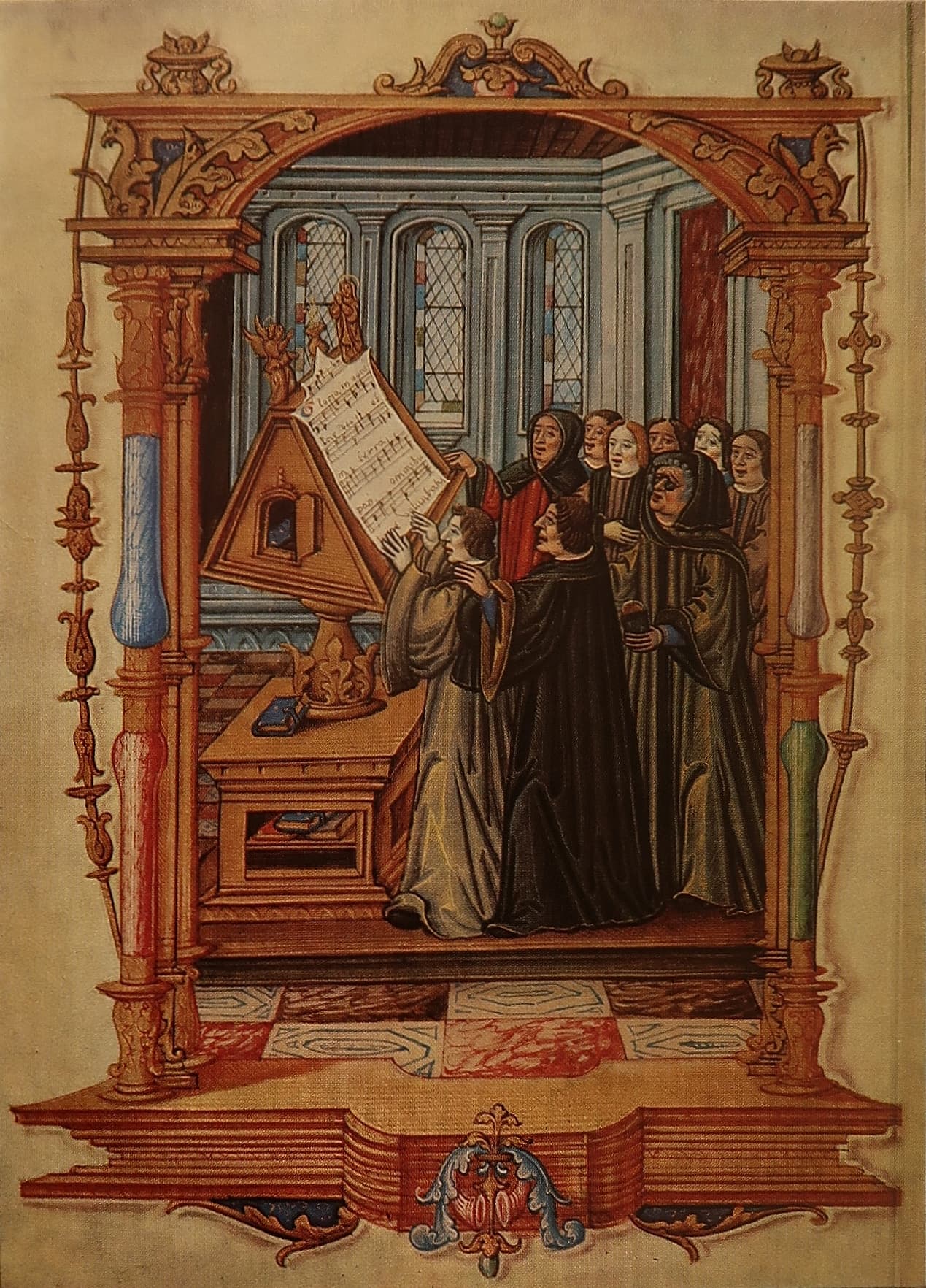 Ockeghem et les chanteurs de la chapelle royale autour d’un livre de chœur, miniature posthume de 1523