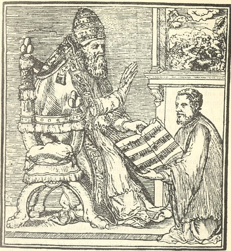 Palestrina présente son livre de messes au pape Jules III, gravure de 1554