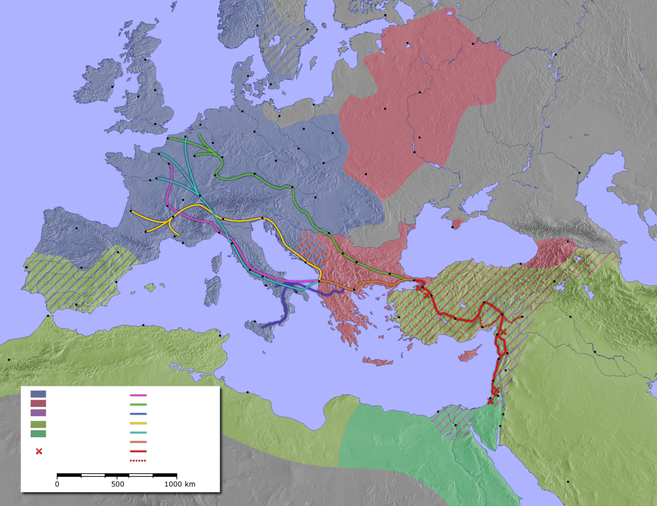 Mapa da primeira cruzada, itinerários de 1096-1099 através dos Balcãs, Constantinopla, Anatólia e Síria até Jerusalém