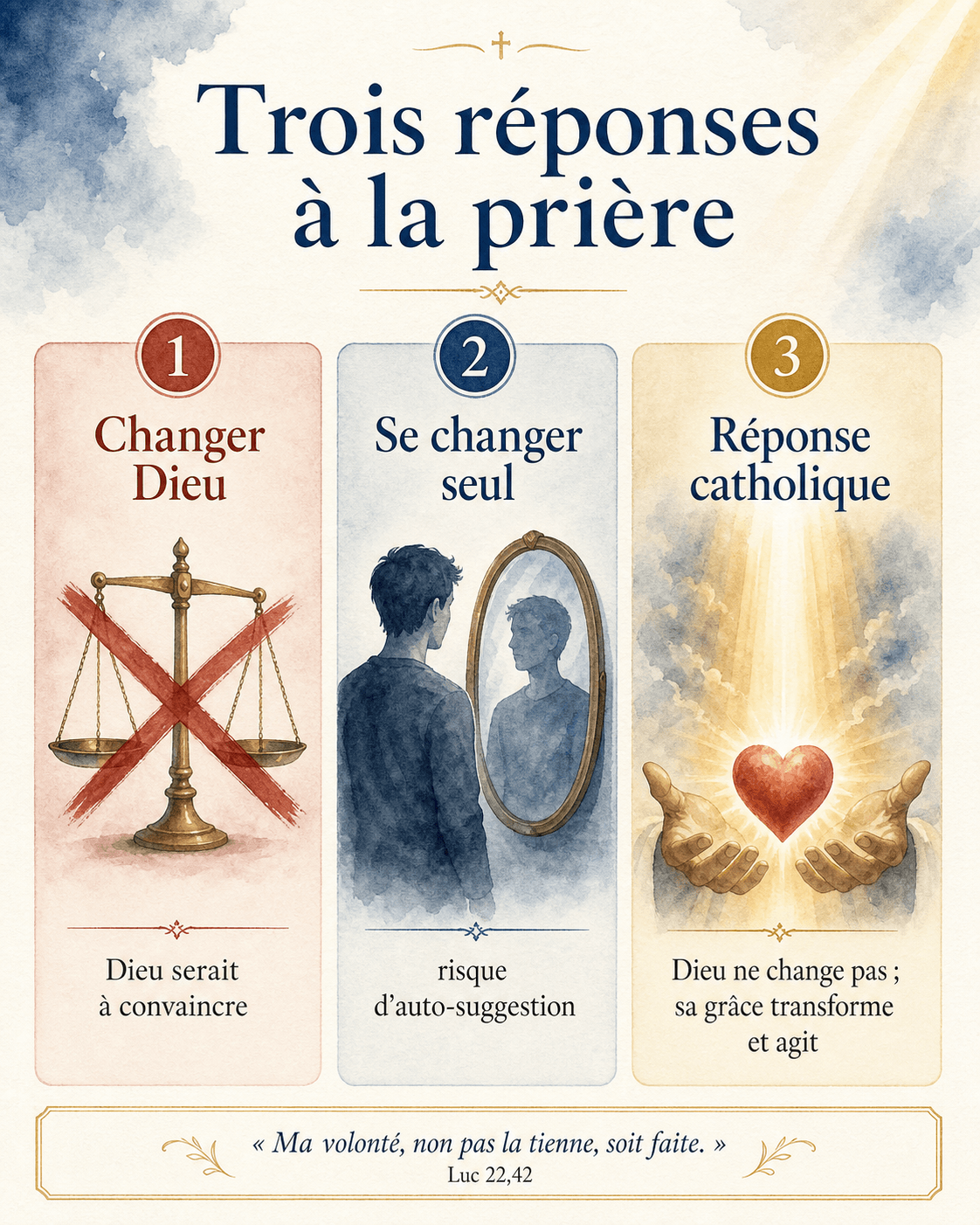 Schema zum Vergleich der drei Antworten auf die Frage: Gott verändern, sich selbst verändern, katholische Antwort