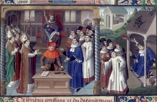 Miniatura medieval que representa la muerte de Arrio