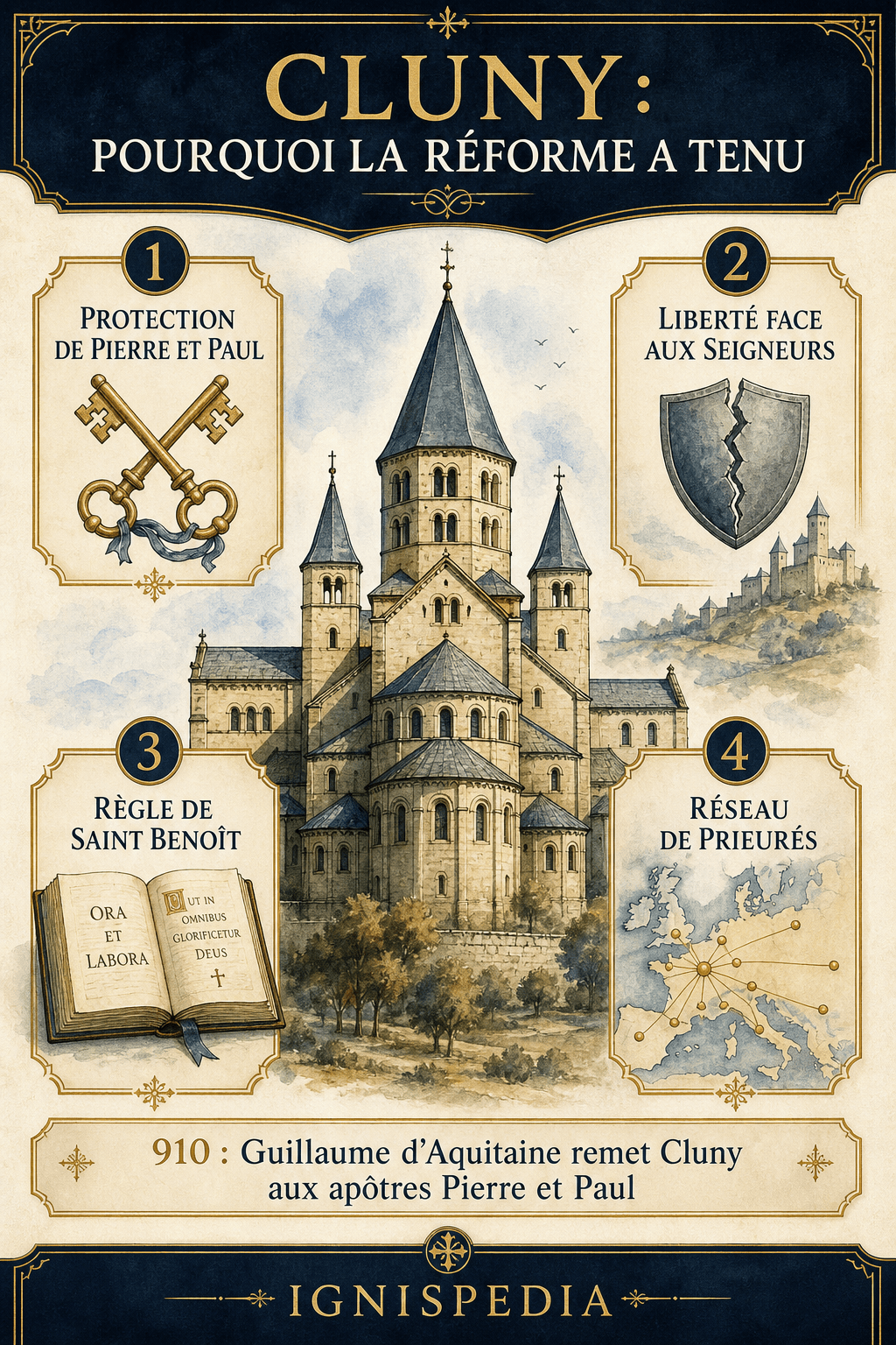 Infographie expliquant les quatre piliers de la réforme de Cluny