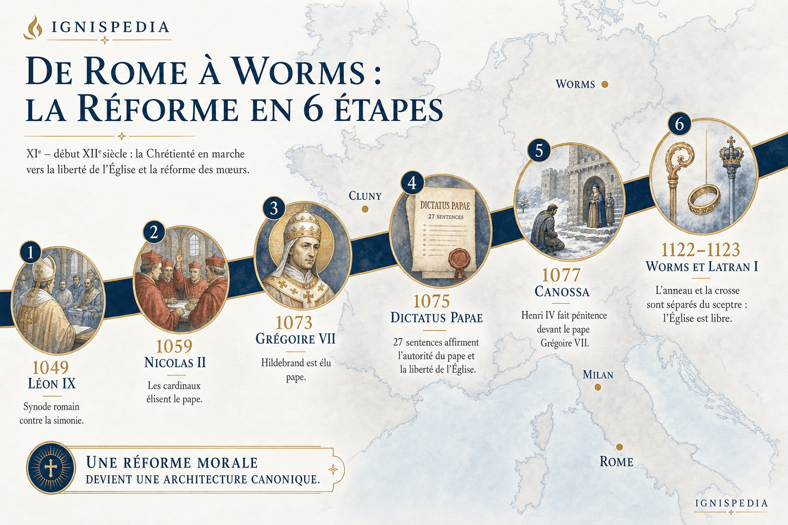 Infographie chronologique de la réforme grégorienne de 1049 à 1123
