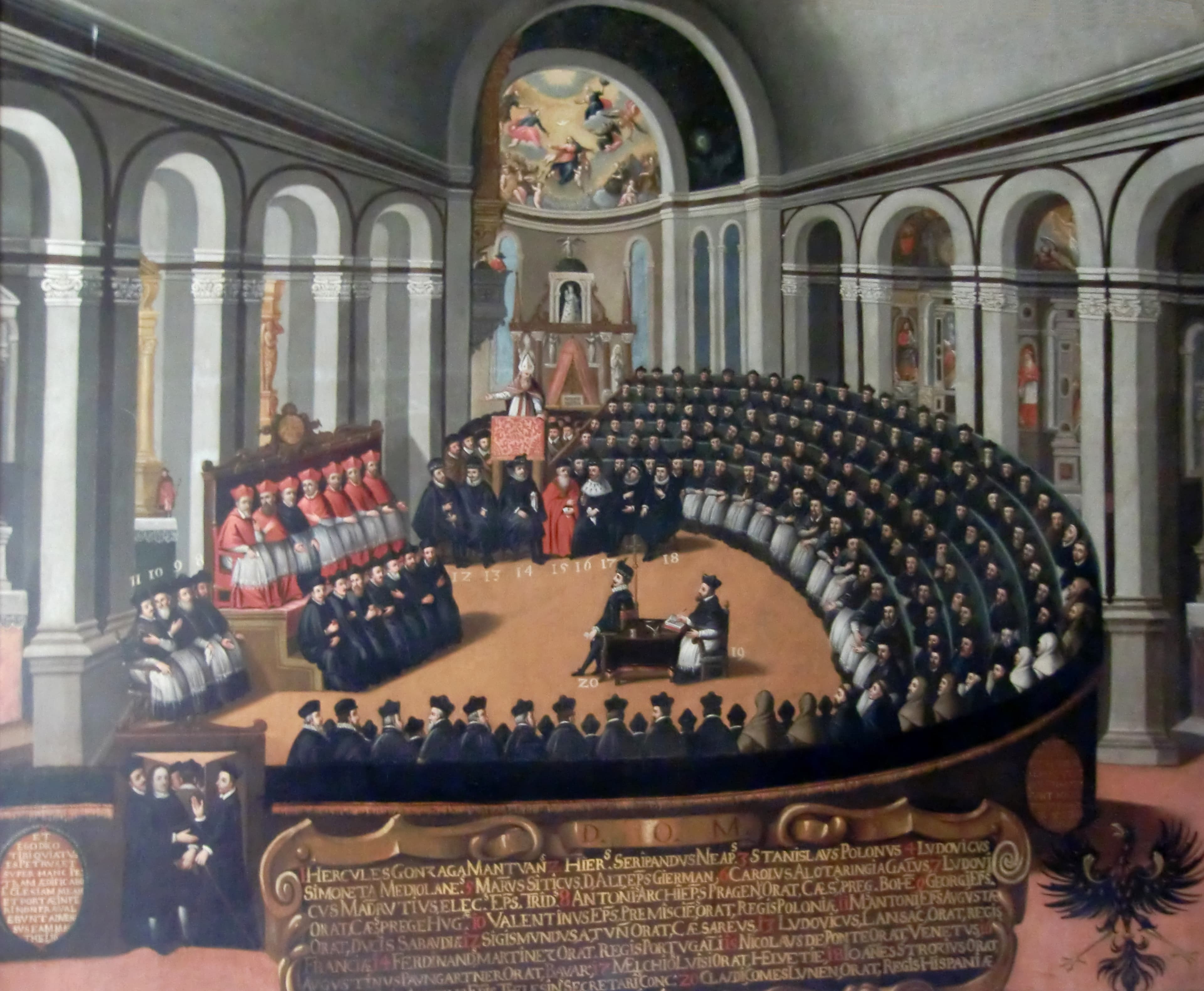 Old depiction of a session of the Council of Trent, 16th-century painting