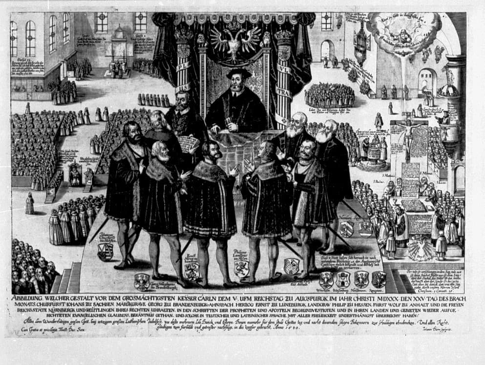 Old engraving depicting the reading of the Augsburg Confession before Charles V, 25 June 1530