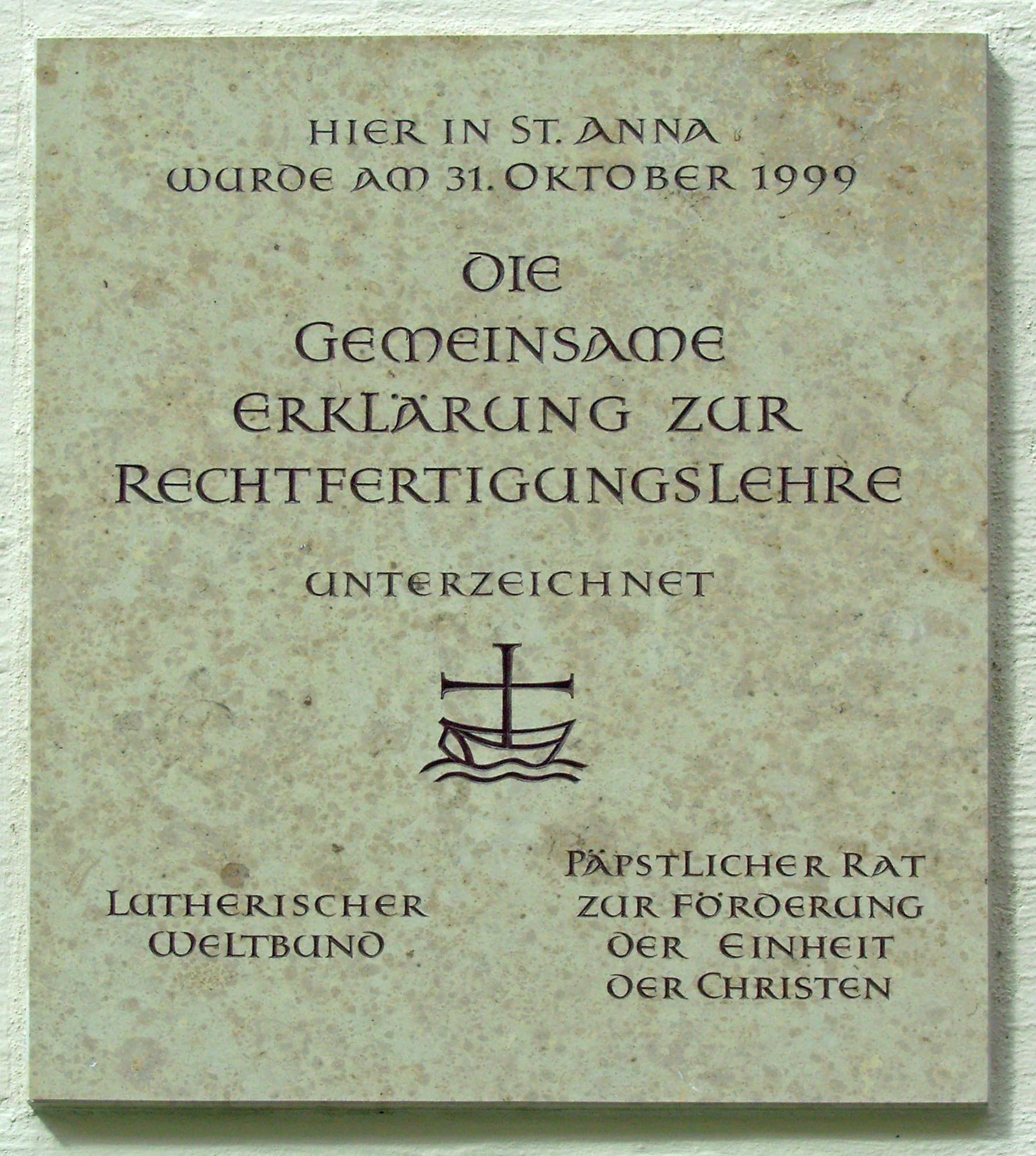 Commemorative plaque of the Joint Declaration on the Doctrine of Justification, signed at Augsburg in 1999, on the wall of St Anne's Church