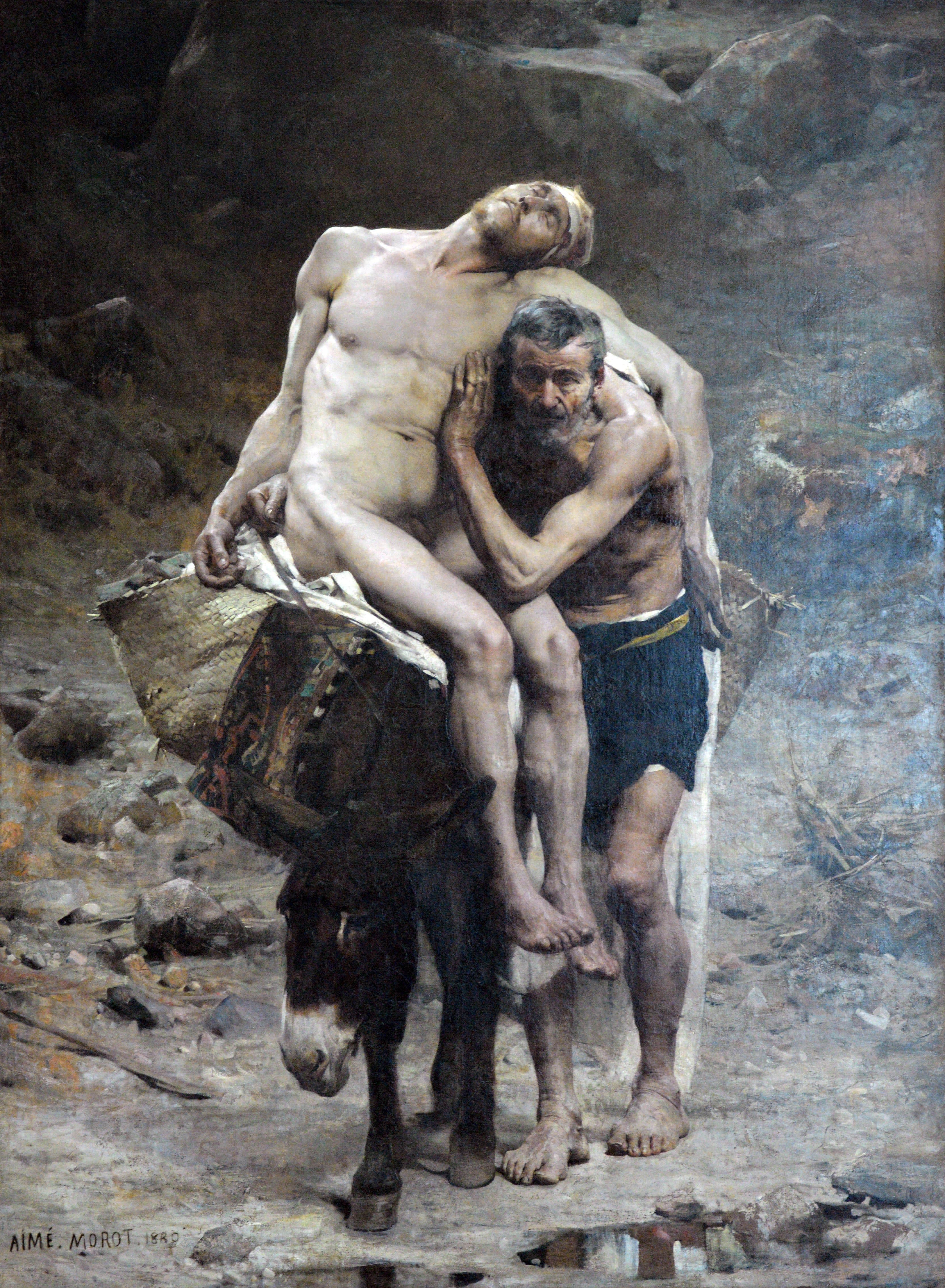 Der barmherzige Samariter stützt den verwundeten Reisenden, Gemälde von Aimé Morot aus dem Jahr 1880.