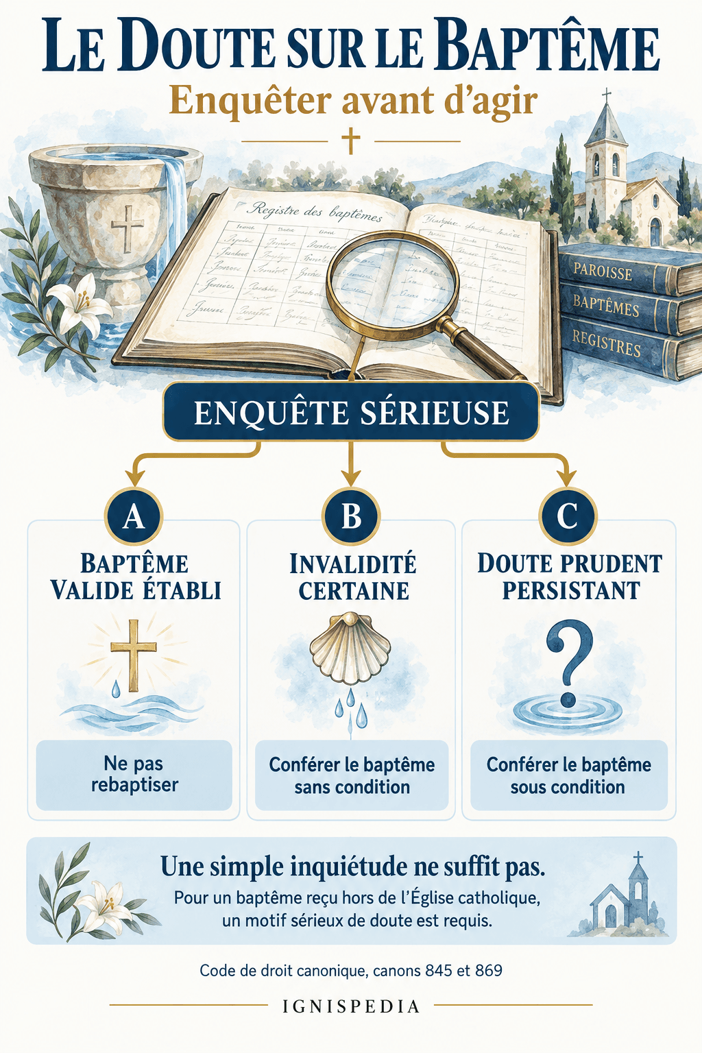 Après enquête, distinguer un baptême valide établi, une invalidité certaine et un doute prudent persistant.