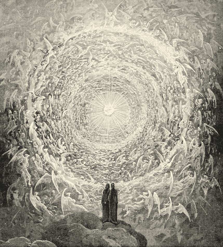 Dante and Beatrice contemplating the highest Heaven in an illustration by Gustave Dore