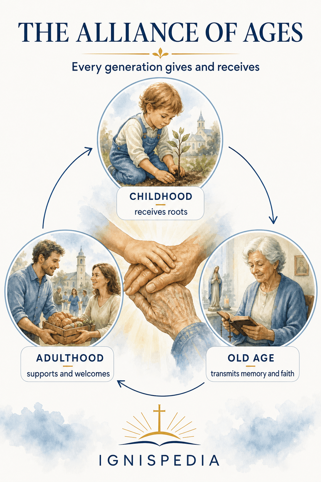 Infographic looping childhood, adulthood, and old age through their reciprocal gifts
