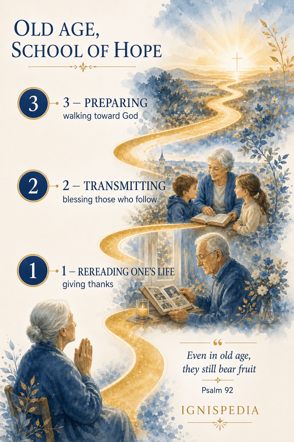 Infographic showing old age as a path of gratitude, transmission, and preparation for meeting God