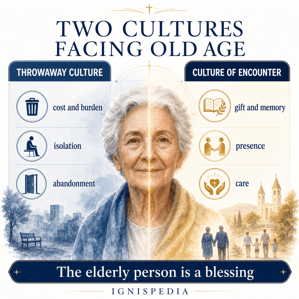 Infographic contrasting the throwaway culture with the culture of encounter regarding old age
