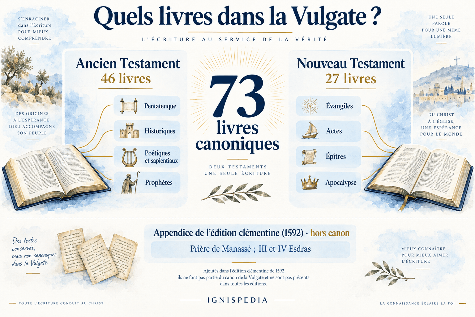 Les 73 livres canoniques de la Vulgate, 46 dans l'Ancien Testament et 27 dans le Nouveau, distingués de l'appendice hors canon de l'édition clémentine