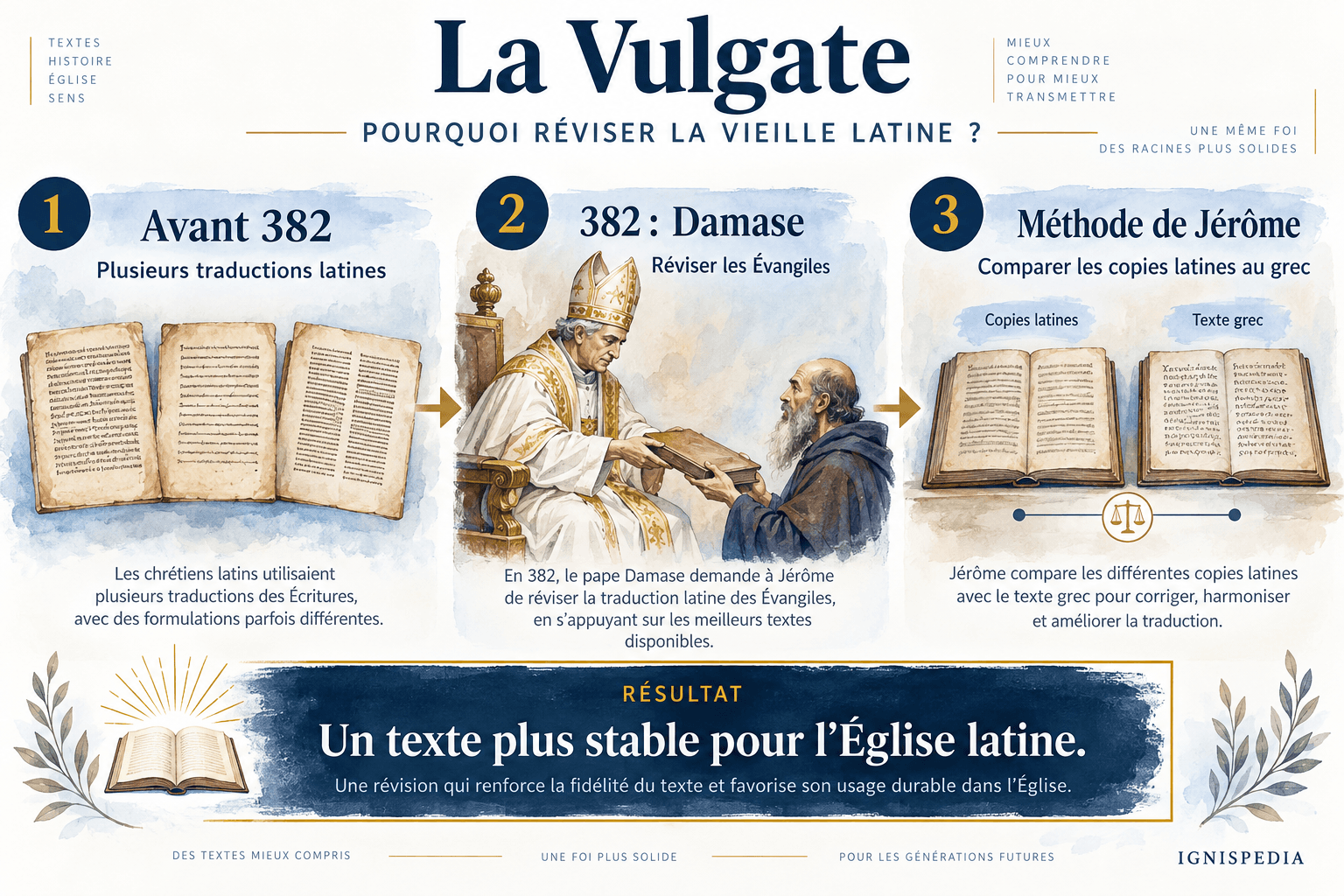 Trois étapes de la révision des Évangiles : traductions latines diverses, demande de Damase en 382, comparaison au grec par Jérôme