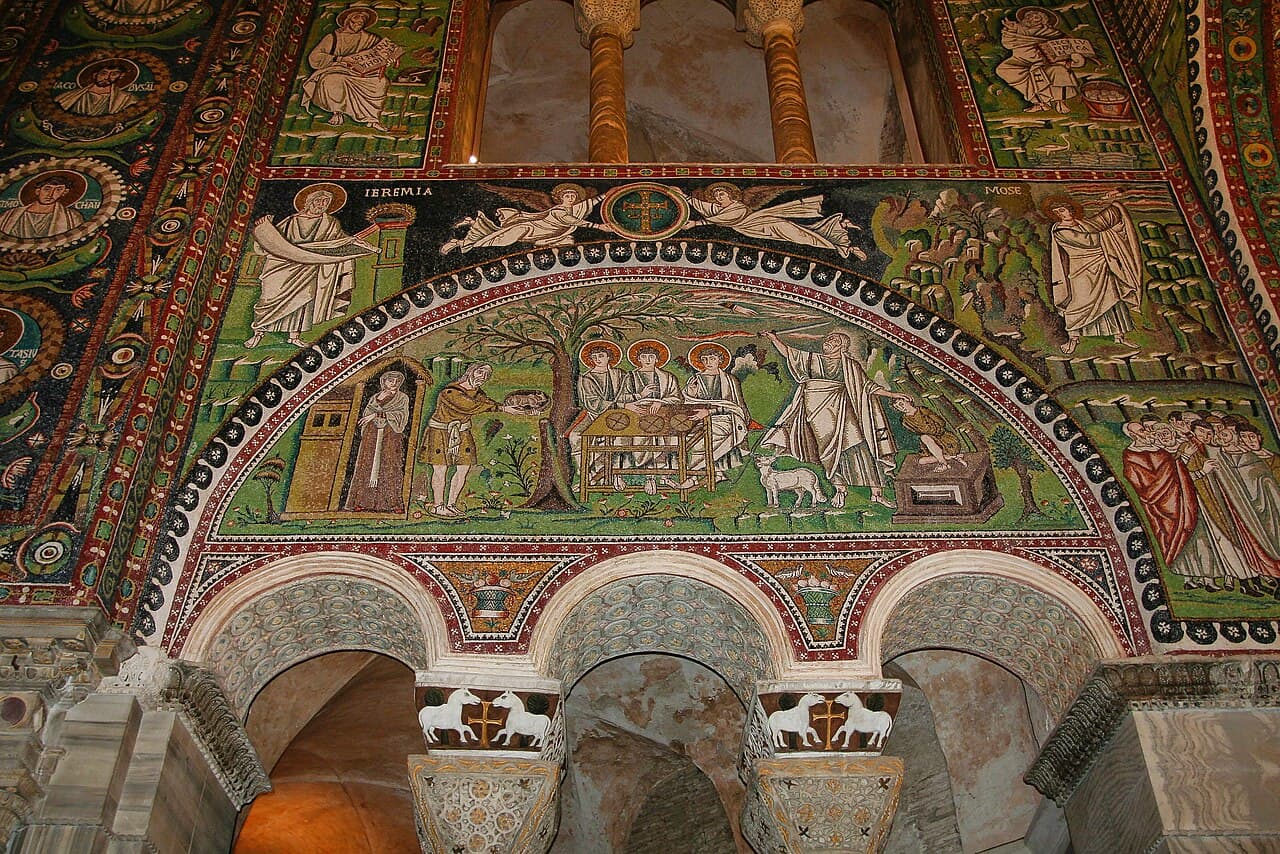 Mosaïque de l'hospitalité d'Abraham et des trois anges dans la basilique Saint-Vital de Ravenne