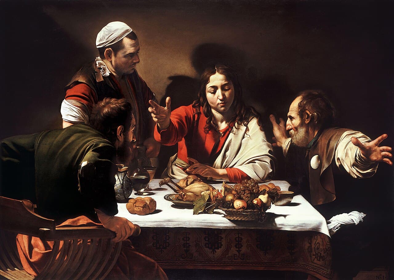 Das Mahl in Emmaus: Christus bricht das Brot vor den erstaunten Jüngern, Gemälde von Caravaggio aus dem Jahr 1601
