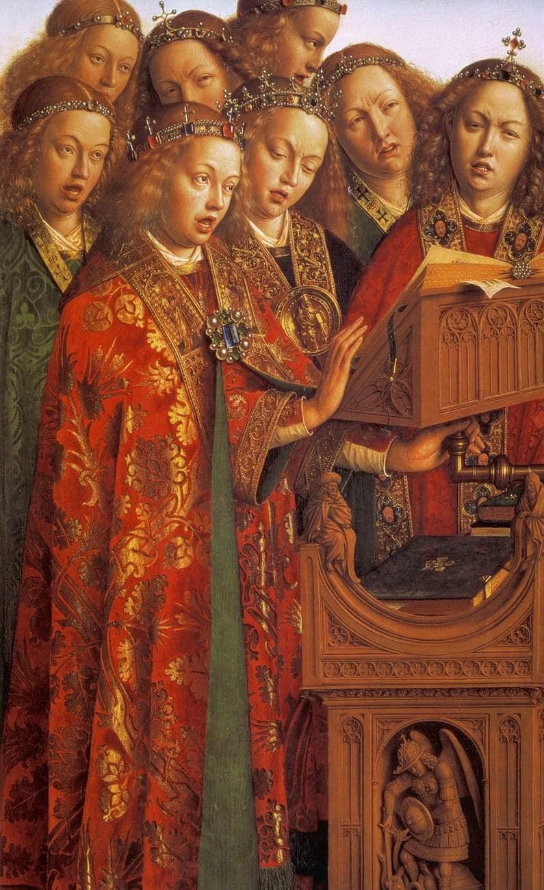 The singing angels of the Ghent Altarpiece gathered around their lectern